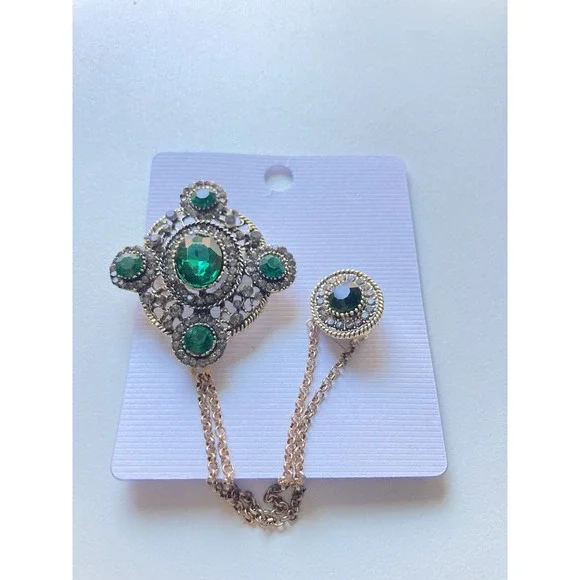 Baroque Vintage-Style Brooch for Women, Green Imitation Crystal & Chain Corsage - Picture 3 of 7